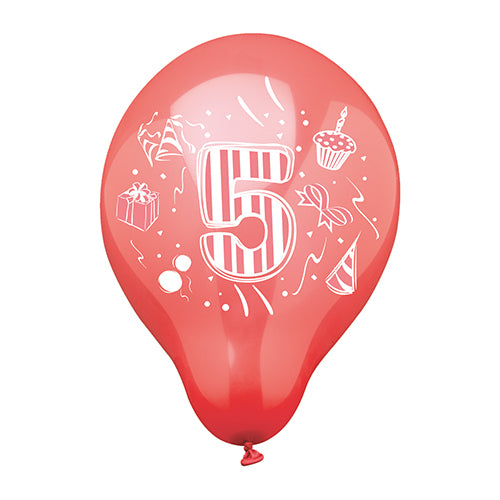 Die PAPSTAR 6 Zahlenluftballons Ø 25 cm farbig sortiert von der PAPSTAR GmbH verfügen über farbenfrohe Ballons mit großen weißen Zahlen und festlichen Motiven wie Cupcakes, Geschenken, Partyhüten und Konfetti.