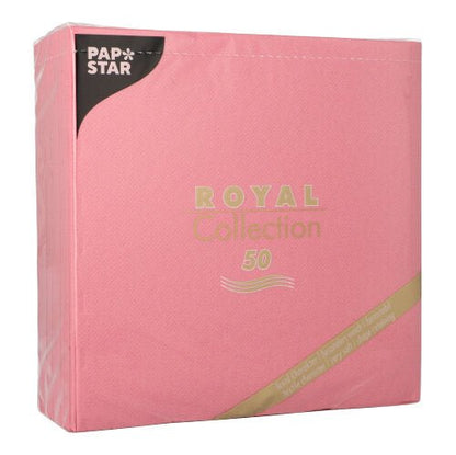Ένα πακέτο 50 PAPSTAR GmbH "ROYAL Collection" χαρτοπετσέτες (1/4-πτυχή, 40x40 cm) σε ροζ, με ανοιχτό ροζ συσκευασία και χρυσές, λευκές και μαύρες λεπτομέρειες που αναδεικνύουν τη μάρκα.