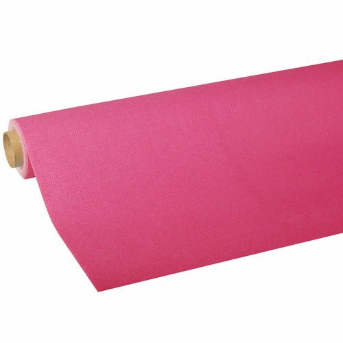 Ένας ρόλος τραπεζομάντηλου Tissue «ROYAL Collection» της PAPSTAR GmbH σε λαμπερό ροζ είναι μερικώς ξετυλιγμένος και δείχνει έτσι την υψηλή ποιότητα και το χρώμα του, ενώ στο ένα άκρο είναι ορατός ο χαρτονένιος πυρήνας.