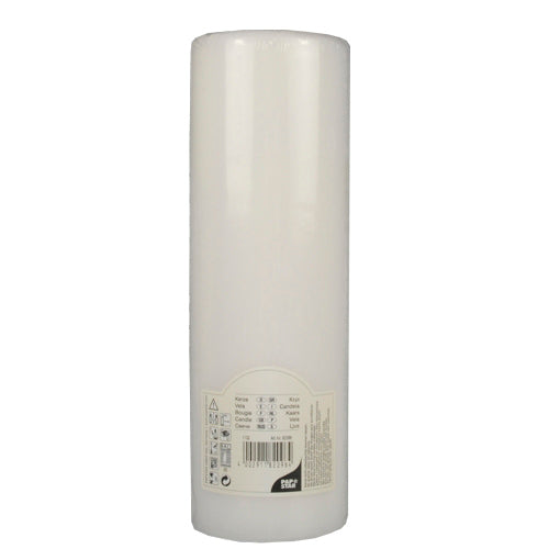 Ένα λευκό PAPSTAR κυλινδρικό κερί Ø 80 mm με επίπεδη κορυφή (250 mm μήκος, συρρικνωμένο φιλμ, 1 τεμάχιο) από την PAPSTAR GmbH στέκεται αχρησιμοποίητο με λεία επιφάνεια και ετικέτα στη βάση.