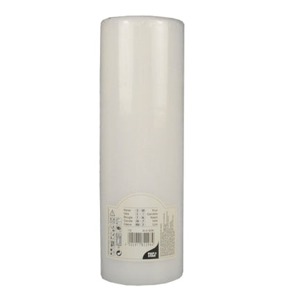 Ένα λευκό PAPSTAR κυλινδρικό κερί Ø 80 mm με επίπεδη κορυφή (250 mm μήκος, συρρικνωμένο φιλμ, 1 τεμάχιο) από την PAPSTAR GmbH στέκεται αχρησιμοποίητο με λεία επιφάνεια και ετικέτα στη βάση.