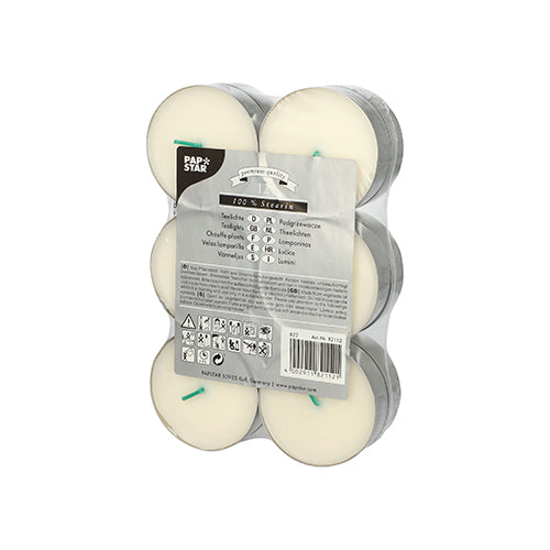 Μια διαφανής, συσκευασμένη σε κενό αέρος συσκευασία με 12 λευκά PAPSTAR Maxi-ρεσώ (Ø 59 mm, 100% στεαρίνη) είναι εξοπλισμένη με πράσινα φυτίλια, σύμβολα ασφαλείας, πληροφορίες προϊόντος και το λογότυπο της PAPSTAR GmbH, για να τονίσει τη μακρά διάρκεια καύσης.