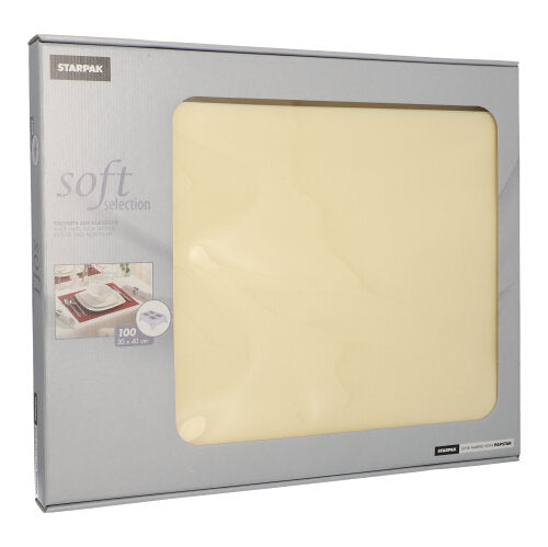 Ένα κουτί Starpak Soft Selection σετ τραπεζιού από παρόμοιο με ύφασμα Vlies περιέχει 100 κρεμ σετ στο μέγεθος 30 x 40 cm. Η μερικώς διαφανής συσκευασία δείχνει λεπτομέρειες - ιδανικό για κομψή διακόσμηση τραπεζιού ή κατάλληλες πετσέτες.