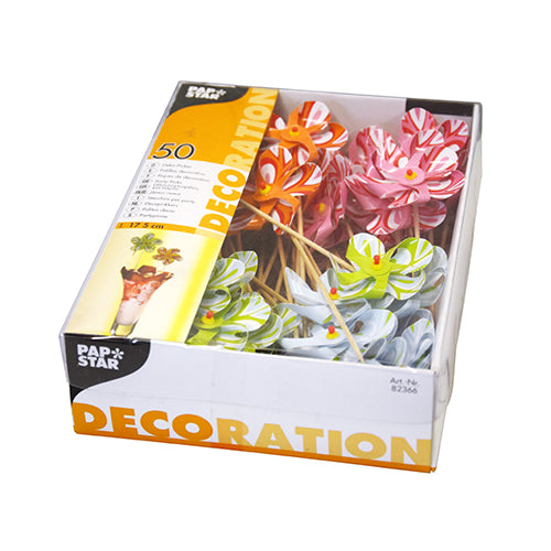 Ένα κουτί με 50 PAPSTAR διακοσμητικά πικάπ "Ανεμόμυλος" (17,5 εκ., σε διάφορα χρώματα) σε χαρτονένιο δίσκο, ιδανικό ως αξεσουάρ πάρτι για ποτά. Η συσκευασία είναι διακοσμημένη με την επιγραφή "DECORATION" της PAPSTAR GmbH και μια εικόνα διακοσμημένων ποτών.