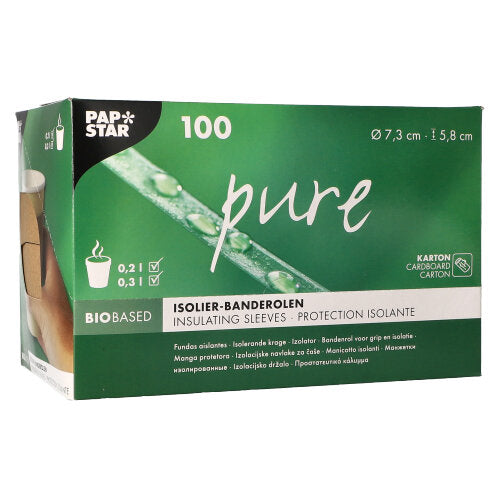 Ένα πράσινο-λευκό κουτί διανομής της PAPSTAR GmbH περιέχει 100 "καθαρές" καφέ ζώνες για ποτήρια ζεστών ροφημάτων (Ø 7,3 cm), με πληροφορίες προϊόντος και σύμβολα στη συσκευασία.