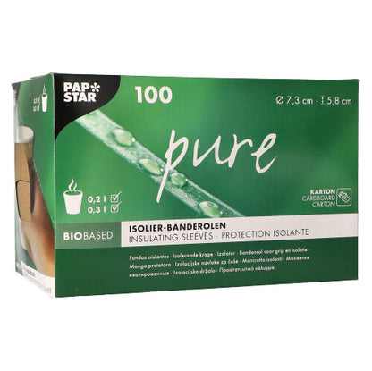Ένα πράσινο-λευκό κουτί διανομής της PAPSTAR GmbH περιέχει 100 "καθαρές" καφέ ζώνες για ποτήρια ζεστών ροφημάτων (Ø 7,3 cm), με πληροφορίες προϊόντος και σύμβολα στη συσκευασία.