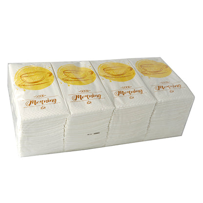 Ένας σωρός από PAPSTAR 250 χαρτοπετσέτες, 3-στρώσεων 1/8-πτυχωμένες της PAPSTAR GmbH, 33 x 33 cm η καθεμία, με χρυσή τσαγιέρα και το μοτίβο "Good Morning", είναι συσκευασμένες σε διαφανές πλαστικό.