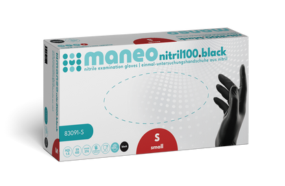 Eine Schachtel MANEO Nitril-Handschuhe, hygienisch und strapazierfähig von ARNOWA GmbH, Größe klein. Die weiße Schachtel mit türkisen und roten Akzenten zeigt auf der rechten Seite eine Hand in einem schwarzen Handschuh.