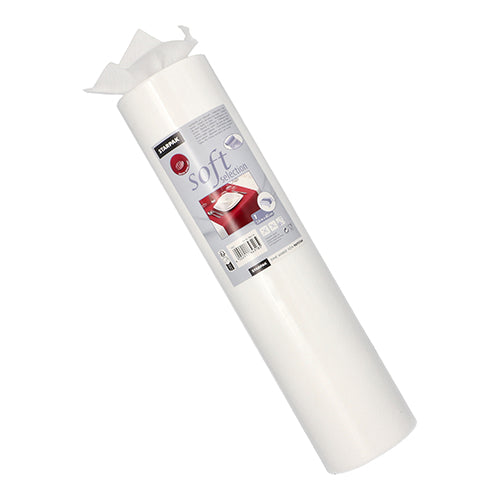 Ένας λευκός ρολό Starpak δρομέας τραπεζιού, υφασμάτινο βελόνα «soft selection» (24 m x 40 cm), δείχνει το όνομα της μάρκας και την ετικέτα του προϊόντος με κόκκινο σετ τραπεζιού, μερικά φύλλα είναι ελαφρώς τραβηγμένα προς τα πάνω.