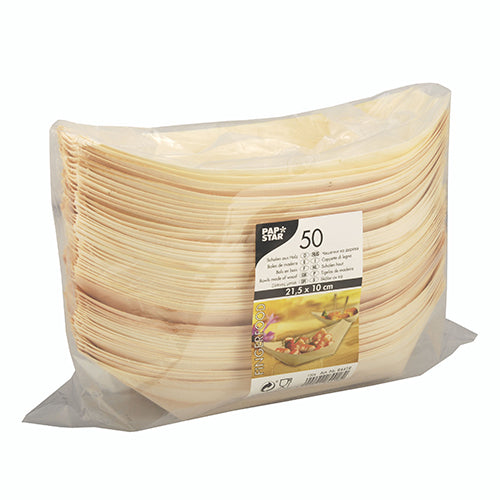 Ένα σφραγισμένο πακέτο με 50 οβάλ ξύλινα πιατάκια "pure" σκαφάκια (21,5 x 10 cm) από φιλικό προς το περιβάλλον ελαφρύ ξύλο δείχνει τη μάρκα, την ποσότητα και το μέγεθος της PAPSTAR GmbH - ιδανικά για το σερβίρισμα fingerfood σε κάθε εκδήλωση.