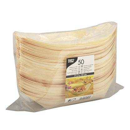 Ένα σφραγισμένο πακέτο με 50 οβάλ ξύλινα πιατάκια "pure" σκαφάκια (21,5 x 10 cm) από φιλικό προς το περιβάλλον ελαφρύ ξύλο δείχνει τη μάρκα, την ποσότητα και το μέγεθος της PAPSTAR GmbH - ιδανικά για το σερβίρισμα fingerfood σε κάθε εκδήλωση.
