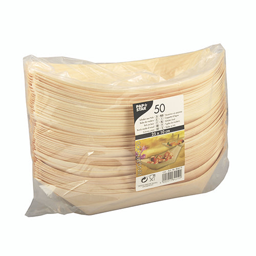 Μια διαφανής πλαστική συσκευασία της PAPSTAR GmbH περιέχει 50 ξύλινα πιατάκια Fingerfood (σκαφάκια), καθένα ορθογώνιο και για μία χρήση. Η ετικέτα στο μπροστινό μέρος δείχνει λεπτομέρειες προϊόντος και μια εικόνα Fingerfood σε πιάτο.