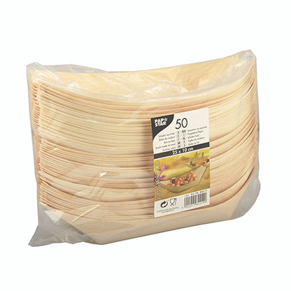 Μια διαφανής πλαστική συσκευασία της PAPSTAR GmbH περιέχει 50 ξύλινα πιατάκια Fingerfood (σκαφάκια), καθένα ορθογώνιο και για μία χρήση. Η ετικέτα στο μπροστινό μέρος δείχνει λεπτομέρειες προϊόντος και μια εικόνα Fingerfood σε πιάτο.