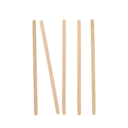 Πέντε PAPSTAR ξύλινα αναδευτήρια "pure" (14 cm) της PAPSTAR GmbH είναι τοποθετημένα κάθετα σε λευκό φόντο, με το δεύτερο αναδευτήριο από αριστερά να έχει κλίση διαγώνια προς τα δεξιά.