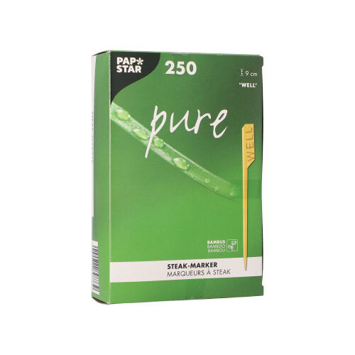 Eine grüne Schachtel der PAPSTAR GmbH mit der Aufschrift „PAPSTAR 250 Steak-Marker 9 cm“ enthält 250 Steak-Marker aus Bambus. Die Verpackung zeigt einen Marker mit der Aufschrift „WELL“ und enthält englischen und französischen Text – ideal für Restaurantküchen.