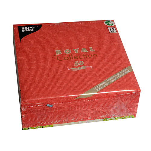 Ένα κόκκινο τετράγωνο πακέτο της PAPSTAR GmbH με την επιγραφή "ROYAL Collection" περιέχει 50 κόκκινες χαρτοπετσέτες (40 x 40 cm, 1/4-πτυχή), που είναι συσκευασμένες σε διαυγές πλαστικό και φέρουν χρυσές λεπτομέρειες και το λογότυπο PAPSTAR.