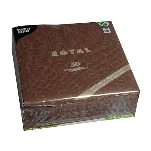 Μια σφραγισμένη συσκευασία με 50 καφέ PAPSTAR "ROYAL Collection" 1/4-πτυχή χαρτοπετσέτες σε μέγεθος 40 x 40 cm με μοτίβο στροβιλισμού. Στην μπροστινή πλευρά αναγράφεται "ROYAL" και στην αριστερή επάνω γωνία απεικονίζεται η μάρκα PAPSTAR GmbH.