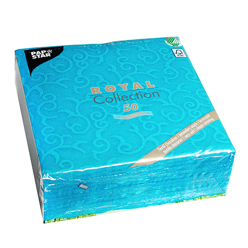 Συσκευασία 50 τεμαχίων τιρκουάζ PAPSTAR χαρτοπετσέτες "ROYAL Collection" (40 x 40 εκ., 1/4-πτυχή) της PAPSTAR GmbH, με διακριτικό μοτίβο σπείρας και φιλική προς το περιβάλλον, πιστοποιημένη συσκευασία FSC.