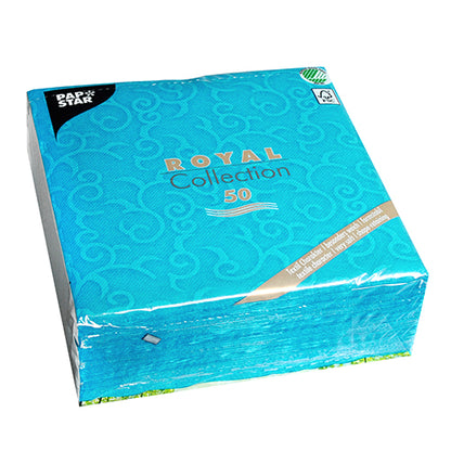 Συσκευασία 50 τεμαχίων τιρκουάζ PAPSTAR χαρτοπετσέτες "ROYAL Collection" (40 x 40 εκ., 1/4-πτυχή) της PAPSTAR GmbH, με διακριτικό μοτίβο σπείρας και φιλική προς το περιβάλλον, πιστοποιημένη συσκευασία FSC.