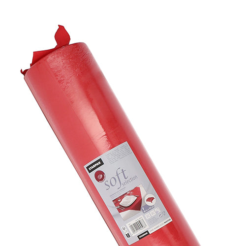 Ένα ρολό κόκκινο τραπεζομάντιλο Starpak, όμοιο με ύφασμα "Soft Selection", είναι ελαφρώς κυρτωμένο σε λευκό φόντο. Η συσκευασία δείχνει την επωνυμία Starpak καθώς και λεπτομέρειες προϊόντος και αναδεικνύει την υφή που μοιάζει με ύφασμα.