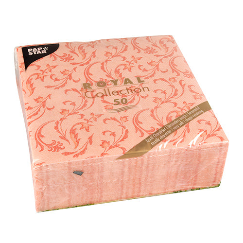 Ένα πακέτο με 50 χαρτοπετσέτες "ROYAL Collection" της PAPSTAR GmbH (40x40 cm, 1/4 διπλωμένες) σε νέκταρ με λουλουδάτο μοτίβο, συσκευασμένες σε πλαστικό. Η ετικέτα δείχνει "ROYAL Collection 50" και το λογότυπο χαρτοπετσέτας PAPSTAR στην πάνω αριστερή γωνία.