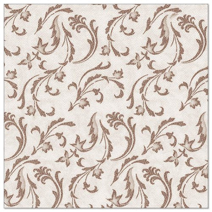 Οι PAPSTAR 50 χαρτοπετσέτες "ROYAL Collection" 1/4-πτυχή 40 x 40 cm καφέ της PAPSTAR GmbH παρουσιάζουν ένα καφέ μοτίβο λουλουδιών και φύλλων με στροβιλιζόμενα κλαδιά και μικρά άνθη, που είναι ομοιόμορφα κατανεμημένα στην επιφάνεια.