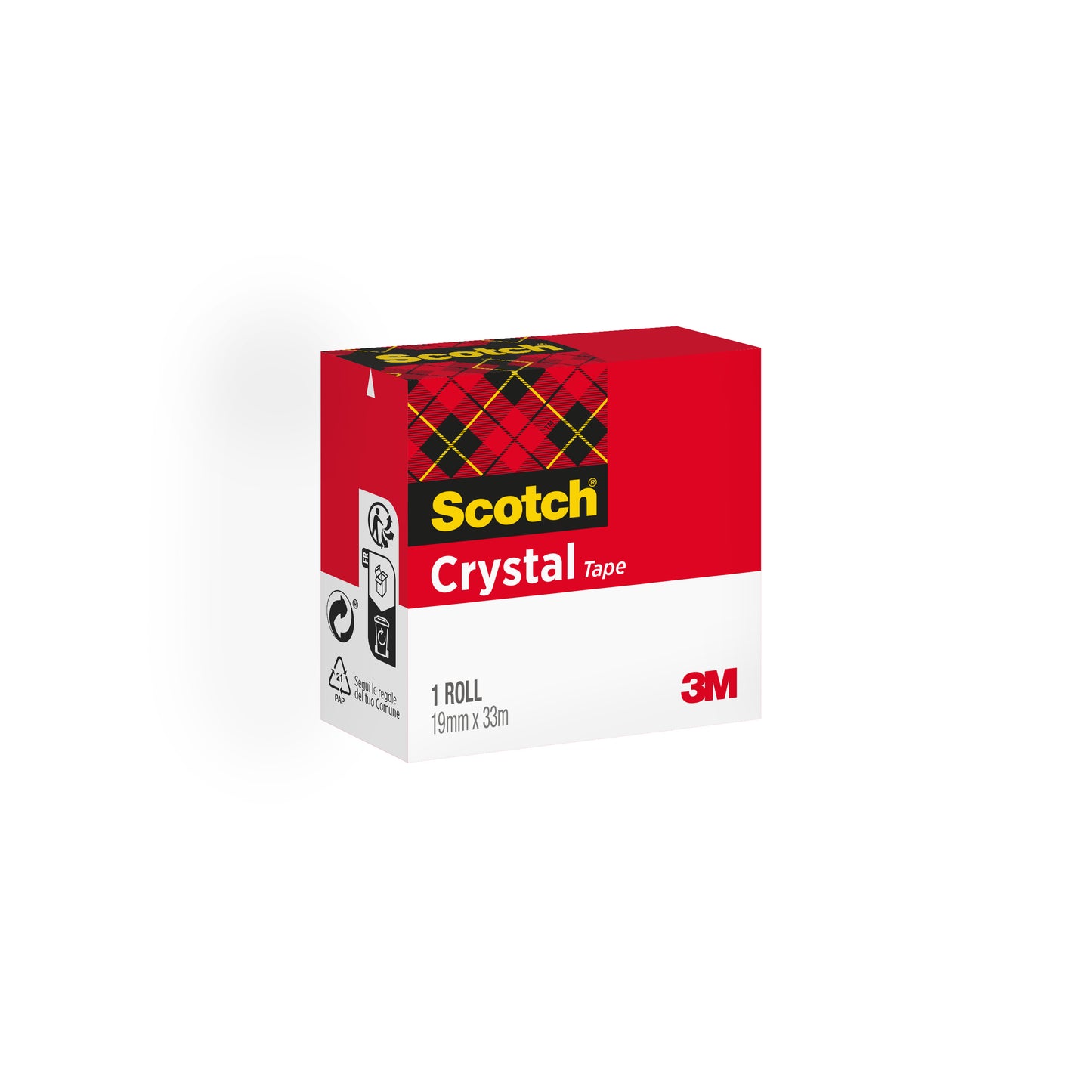 Eine Schachtel Scotch® Crystal Klebeband von 3M Deutschland GmbH, transparent, 1 Rolle (19 mm x 33 m), mit rotem und weißem Design plus Plaidmuster. Recycling- und Produktsymbole an der Seite-ideal für Bürobedarf.