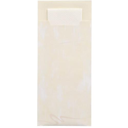 Μια κρεμ PAPSTAR GmbH 520 θήκη μαχαιροπίρουνων (20x8,5cm, 2-στρώσεων) με ορθογώνιο καπάκι είναι εν μέρει ανοιγμένη και αποκαλύπτει την θέα σε μια αντίστοιχη πετσέτα στο εσωτερικό; η λεία επιφάνεια έχει διακριτικές χρωματικές παραλλαγές.