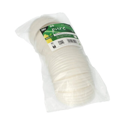 Μια στοίβα από 50 λευκά PAPSTAR στρογγυλά καπάκια C-PLA (ύψους 2,1 εκ.) της PAPSTAR GmbH, συσκευασμένα με σύμβολα ανακύκλωσης και κομποστοποίησης, προσφέρει μια φιλική προς το περιβάλλον, βιοδιασπώμενη λύση.