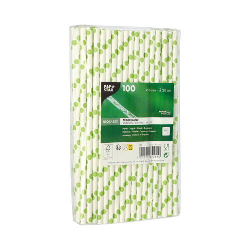 PAPSTAR GmbH PAPSTAR 100 καλαμάκια, χαρτί Ø 6 mm: 100 φιλικά προς το περιβάλλον χαρτοκαλαμάκια με πράσινο πουά μοτίβο, συσκευασμένα ξεχωριστά σε διαφανές φιλμ και πράσινη-μαύρη ετικέτα μπροστά.