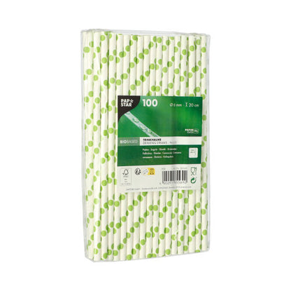 PAPSTAR GmbH PAPSTAR 100 καλαμάκια, χαρτί Ø 6 mm: 100 φιλικά προς το περιβάλλον χαρτοκαλαμάκια με πράσινο πουά μοτίβο, συσκευασμένα ξεχωριστά σε διαφανές φιλμ και πράσινη-μαύρη ετικέτα μπροστά.