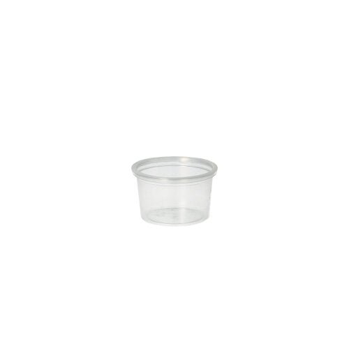 Ένα Starpak 50 μερίδες, PP στρογγυλό 30 ml, διαφανές με καθαρό καπάκι εμφανίζεται μπροστά σε ένα απλό λευκό φόντο.
