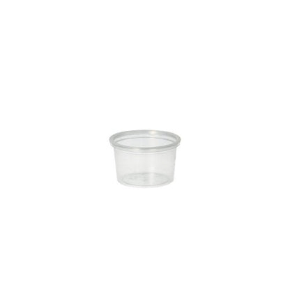 Ένα Starpak 50 μερίδες, PP στρογγυλό 30 ml, διαφανές με καθαρό καπάκι εμφανίζεται μπροστά σε ένα απλό λευκό φόντο.