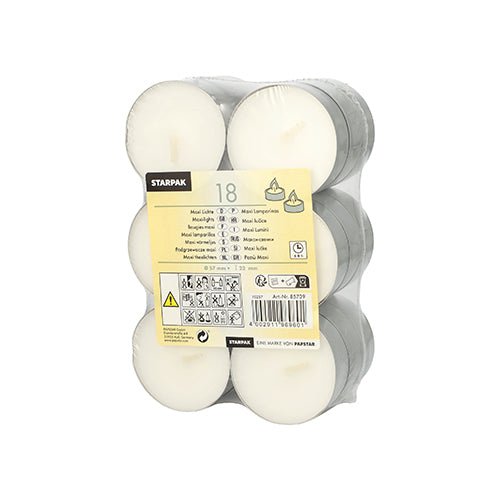 Η συσκευασία Starpak 18 Maxi Lichter (Ø 57 mm, 19 mm, λευκό) περιέχει 18 λευκά κεριά ρεσώ σε αλουμινένια ποτηράκια, συσκευασμένα με φύλλο, με μια κίτρινη πολυγλωσσική ετικέτα για οδηγίες και προειδοποιήσεις - ιδανική για ατμοσφαιρικές περιστάσεις.
