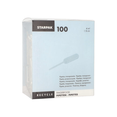 Οι Starpak 100 πιπέτες, διαφανείς PE από την Starpak είναι ένα διαφανές κουτί με πιπέτες πολυαιθυλενίου 4 ml για finger food, με οδηγίες ανακύκλωσης και πολυγλωσσικές πληροφορίες για τις «πιπέτες» και τη δοσολογία υγρών.