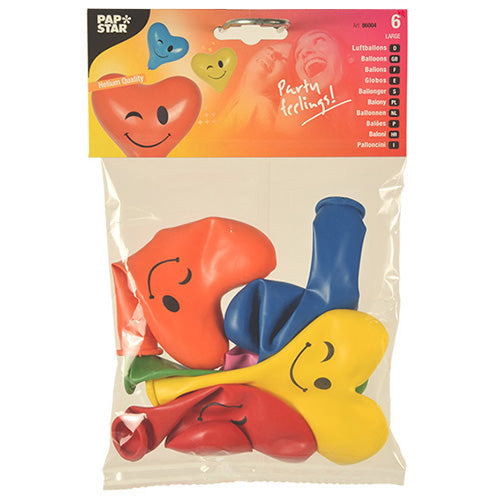 Ein 6er-Pack PAPSTAR Luftballons "Herz - Blinky", Ø 28 cm, bunt sortiert, von PAPSTAR GmbH. Jeder Luftballon in Herzform ist mit einem Smiley bedruckt. Die Verpackung zeigt aufgeblasene Luftballons und den Slogan "Party feelings!".