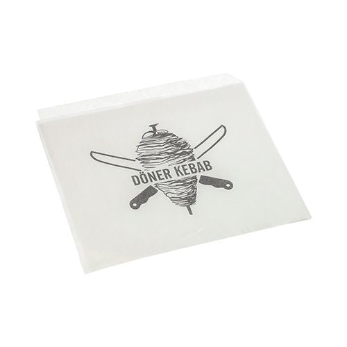 Οι σακούλες ντονέρ κεμπάπ PAPSTAR, υποκατάστατο περγαμηνής, 16x16 εκ., ανθεκτική στη λιπαρότητα συρρικνούμενη μεμβράνη (1000 τεμάχια) της PAPSTAR GmbH είναι μια ανθεκτική, λευκή συσκευασία τροφίμων με ένα σουβλάκι ντονέρ και διασταυρωμένα μαχαίρια καθώς και το κείμενο "DÖNER KEBAB".