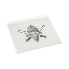 Οι σακούλες ντονέρ κεμπάπ PAPSTAR, υποκατάστατο περγαμηνής, 16x16 εκ., ανθεκτική στη λιπαρότητα συρρικνούμενη μεμβράνη (1000 τεμάχια) της PAPSTAR GmbH είναι μια ανθεκτική, λευκή συσκευασία τροφίμων με ένα σουβλάκι ντονέρ και διασταυρωμένα μαχαίρια καθώς και το κείμενο "DÖNER KEBAB".