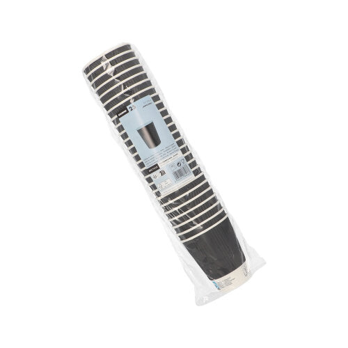 Μια σφραγισμένη πλαστική συσκευασία με 25 κύπελλα Starpak "To Go" Ripple Wall μιας χρήσης από μαύρο χαρτί με λευκό χείλος δείχνει στην μπροστινή πλευρά πληροφορίες προϊόντος και μια εικόνα των κυπέλλων.