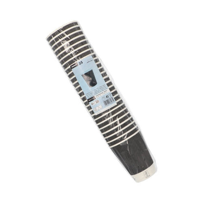 Μια συσκευασία με 25 μαύρα Starpak "To Go" Ripple Wall χαρτοκύπελλα με λευκές ρίγες, τυλιγμένα σε πλαστικό. Η μπλε ετικέτα δείχνει το εμπορικό σήμα Starpak και αναδεικνύει αυτά τα κομψά ποτήρια μιας χρήσης μπροστά σε λευκό φόντο.