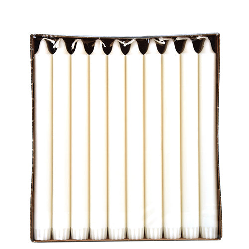 Eine Schachtel mit 30 weißen PAPSTAR Kronkerzen Stabkerzen (Ø 2,2 cm, 100 % Stearin) der PAPSTAR GmbH, aufrecht in einer Reihe angeordnet und von oben auf einem schlichten weißen Hintergrund für gleichmäßigen Abbrand betrachtet.