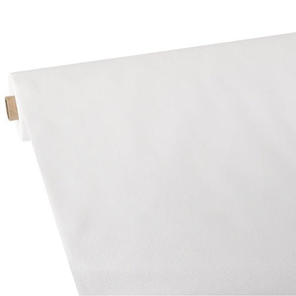 Ένα μερικώς ξετυλιγμένο ρολό Starpak τραπεζομάντιλο, παρόμοιο με ύφασμα, μη υφασμένο "soft selection plus" δείχνει την λεία, καθαρή λευκή επιφάνειά του και έναν χάρτινο σωληνοειδή πυρήνα στο ένα άκρο.
