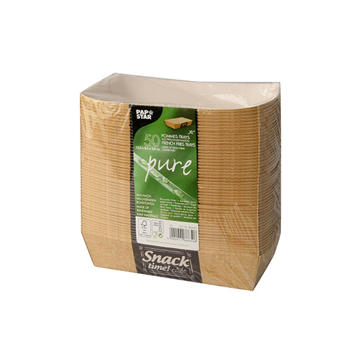 Μια σφραγισμένη συσκευασία με 50 ορθογώνια καφέ μπολ για τηγανητές πατάτες «pure» «Good Food» της PAPSTAR GmbH, 3,5 x 7 cm, με περιβαλλοντική σήμανση και πληροφορίες προϊόντος.
