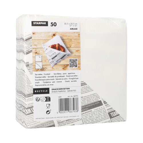 Ένα πακέτο με 50 Starpak Airlaid Snackservietten (32,5 x 30,5 cm, λευκό, σχέδιο εφημερίδας), παρόμοιο με ύφασμα με 1/4-πτυχή, σε σακουλάκι. Συμπεριλαμβάνονται σύμβολα ανακύκλωσης και λεπτομέρειες προϊόντος στην ετικέτα.