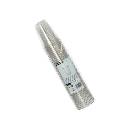 Μια συσκευασία με 40 διαφανή κύπελλα Starpak Hurricane PET 0,2 l (Ø 7,8 cm x 9,7 cm) είναι τυλιγμένη σε φύλλο και έχει στη μέση μια λευκή ετικέτα με λεπτομέρειες προϊόντος.