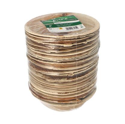 PAPSTAR 25 μπολ, φύλλο φοίνικα «pure» στρογγυλά από την PAPSTAR GmbH: Στρογγυλά, βιοδιασπώμενα μπολ από φύλλο φοίνικα, συσκευασμένα σε μεμβράνη με πράσινη-λευκή ετικέτα - ιδανικά για βιώσιμες εκδηλώσεις.