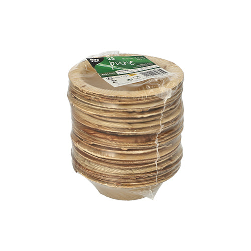 25 στρογγυλές πιατέλες από φύλλα φοινικιάς της μάρκας PAPSTAR GmbH, σειρά "pure", σε φιλική προς το περιβάλλον διαφανή συσκευασία με πράσινη-λευκή ετικέτα – ιδανικές για βιώσιμες εκδηλώσεις.