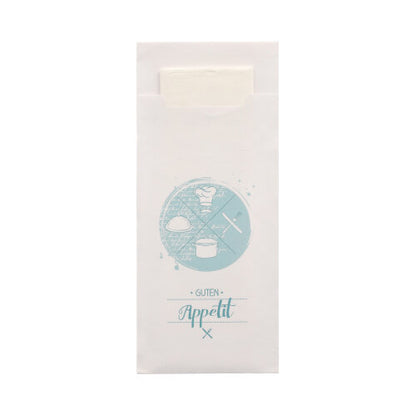 Οι 520 θήκες μαχαιροπήρουνων (20 x 8,5 cm) της PAPSTAR GmbH παρέχονται με αντίστοιχη 2-στρώσεων χαρτοπετσέτα (33 x 33 cm). Το λευκό περίβλημα είναι διακοσμημένο με ένα ανοιχτό μπλε, κυκλικό μοτίβο με τρόφιμα και μαχαιροπήρουνα καθώς και την επιγραφή «Καλή Όρεξη», ενώ η χαρτοπετσέτα στο εσωτερικό είναι εν μέρει ορατή.