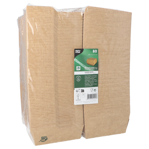 Μια συσκευασία με 80 PAPSTAR κουτιά μπέργκερ 100% Fair, τυλιγμένη σε φιλμ, καφέ δοχεία τροφίμων από χαρτόνι με πράσινη-λευκή ετικέτα. Αυτά τα φιλικά προς το περιβάλλον κουτιά της PAPSTAR GmbH είναι φυτικά και φιλικά προς το περιβάλλον.