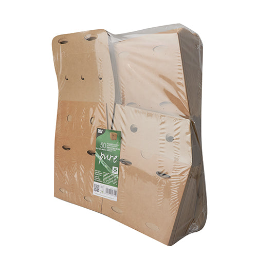 Ένα πακέτο με 50 PAPSTAR κουτιά πατάτες τηγανητές από καφέ «καθαρό» χαρτόνι με την ετικέτα «100% δίκαιο», συσκευασμένο σε διαφανή μεμβράνη. Φιλικά προς το περιβάλλον παραγόμενο από την PAPSTAR GmbH για μια βιώσιμη επιλογή.